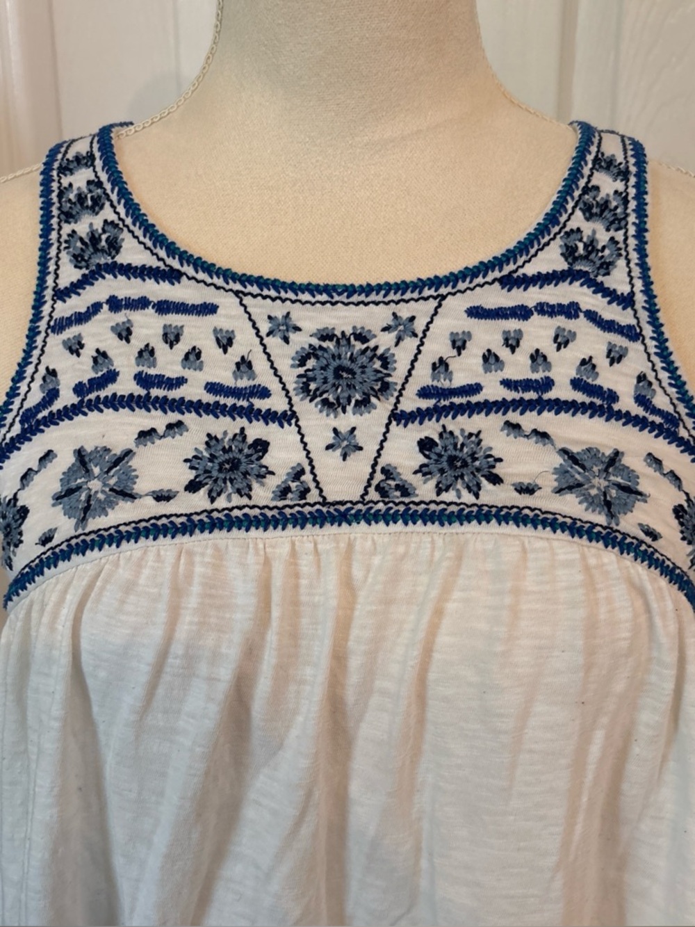 Red Camel White Tank with Blue Embroidered Yoke